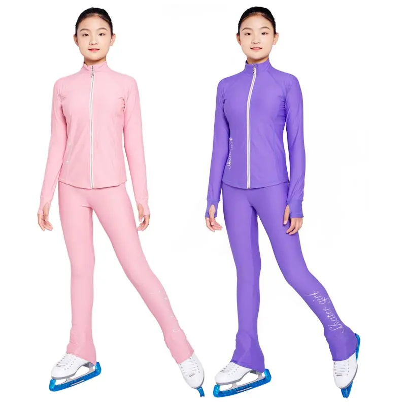 Figure skating costume children's summer four seasons performance training skating pants quick drying top Purple Pink