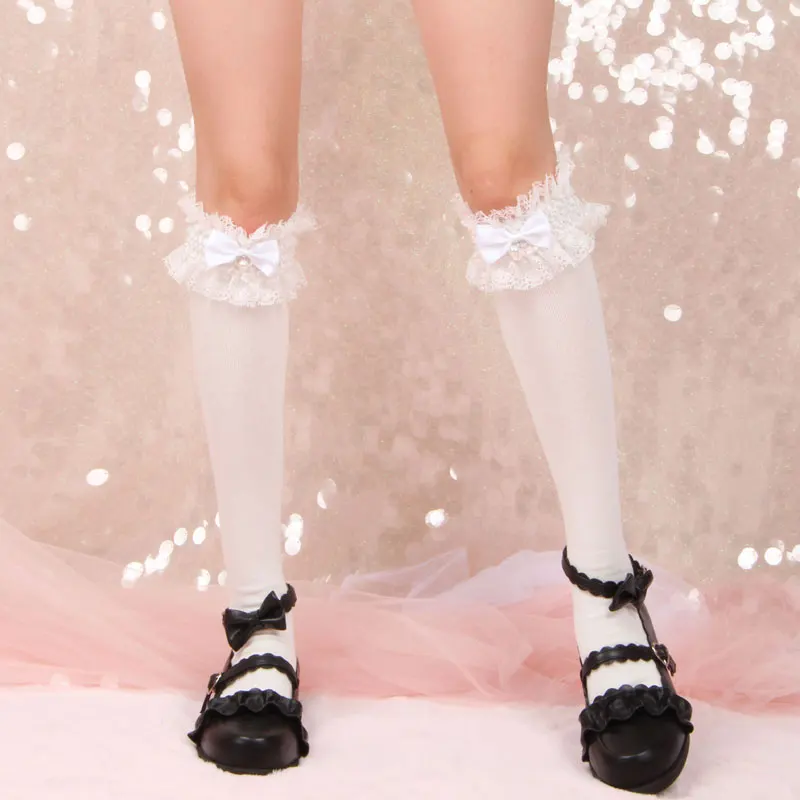 

Winter Flower Extension Bow Beads Cotton Tube Socks Lolita GIRL'S Socks