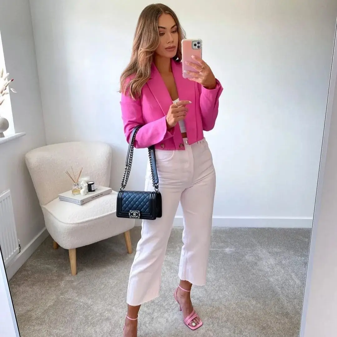

KRSB Autumn Women Pink Cropped Top Coat V-Neck Lapel Design Sense Long-Sleeved Short Casual Suit Lazy Style