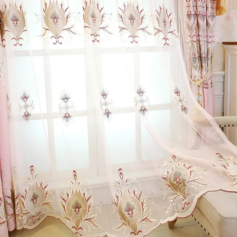 

European Style Curtains for Living dining Room Bedroom Chenille Fabric Embroidery Pink Curtains Finished Product Customization