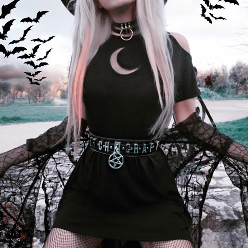 Black Goth Woman Cool Dress 2020 Lady Gothic Pleated Off Shoulder Transparent Crescent Hip-pop Punk Basic Rock Mini Hot Dresses | Женская