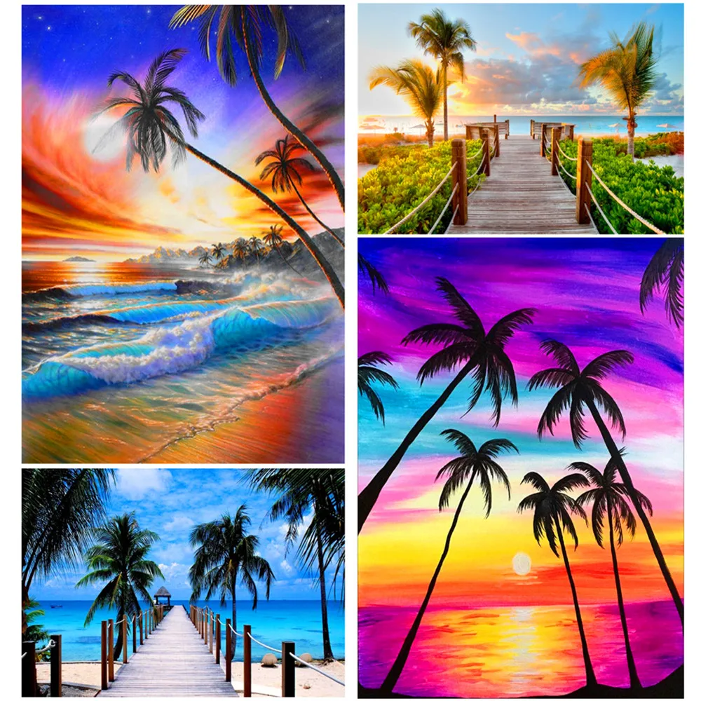 

5D алмазная живопись, остров, закат, кокосовое дерево, «сделай сам», Круглый полный Алмазный пейзаж, Набор для вышивки, украшения дома, ремесл...