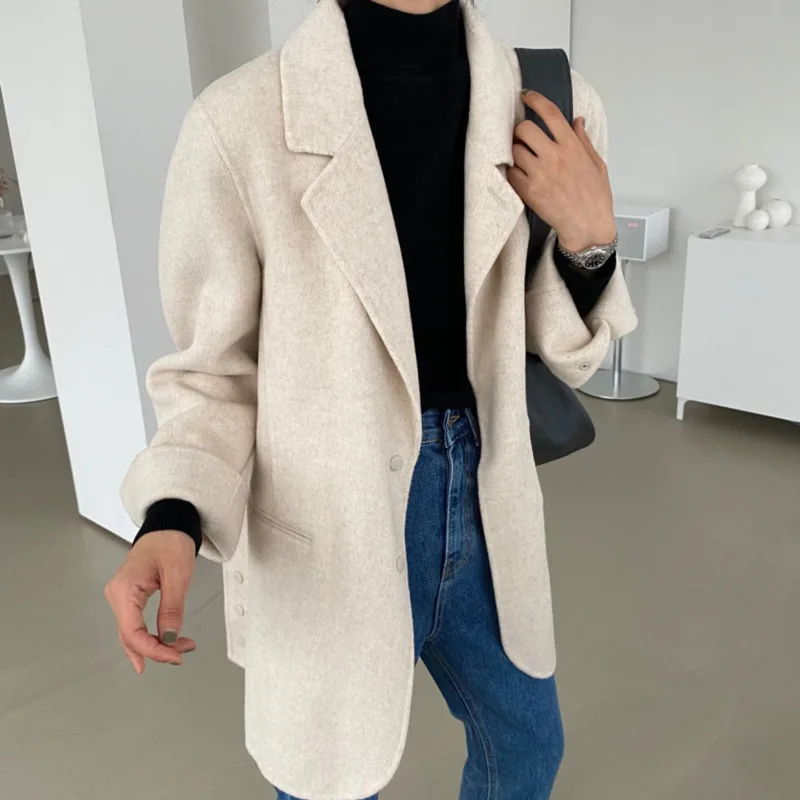 

Mozision Chic Notched Collar Belted Lace-up Woolen Coat Solid Long Sleeve Overcoat Ladies Winter New Casual Cotton Wool Coat