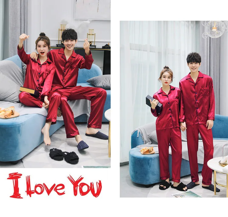 Sexy satin couple pajamas set Silk Pajamas For Women and men Lovers long sleeved autumn Pyjamas Sleepwear Sets Pijama Mujer
