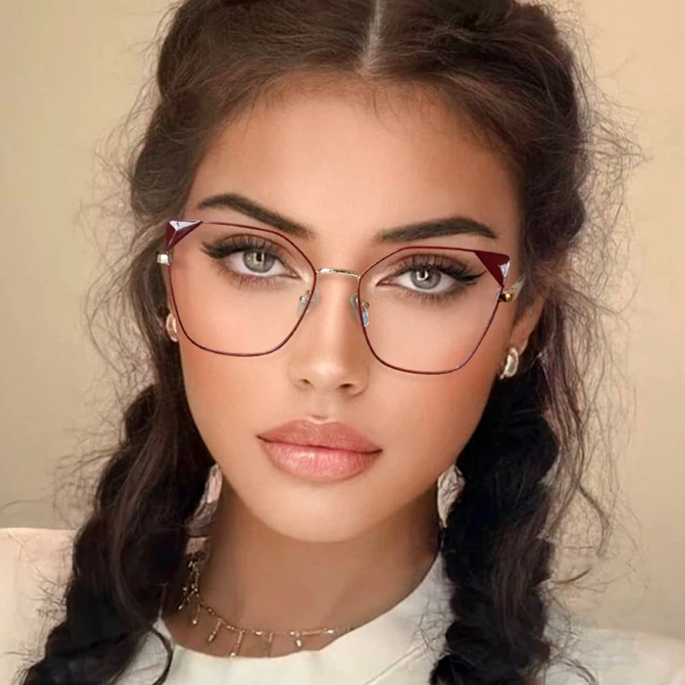 

80048 Anti blue Light Cat Eye Metal Glasses Frame Spring Leg Optical Fashion Computer Eyeglasses for Men Women