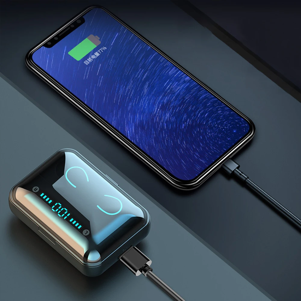 

F9-5 Bluetooth 5.0 Wireless In-Ear Headphones Earbuds with LED Digital Power Display Charging Case, Black