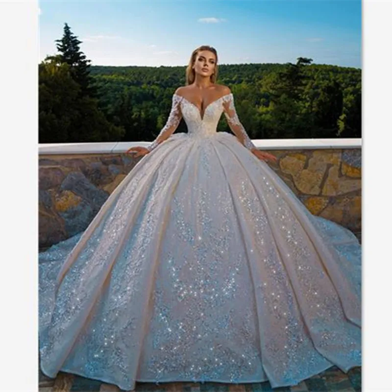 

Sexy Church Wedding Dresses V Neck Long Sleeves Glitter Sequins Beadings Bridal Wedding Gown Plus Size Custom Made