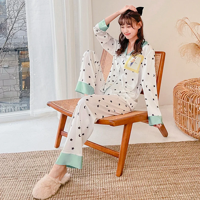 

fashion suit Satin women's pajamas spring and autumn thin long sleeve trousers household suit checkered tiger 2243