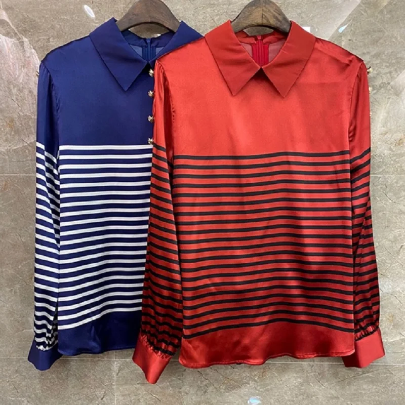 

100%Silk Shirts 2021 Spring Summer Tops Women Turn-down Collar Striped Print Buttons Deco Long Sleeve Blue Red Casual Blouse OL