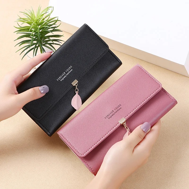 

New Korean Style Women's Luxury Long Leather Wallet Cute Leaf Decoration Wallet Ladies Coin Purse Card Bag Porte Monnaie Femme
