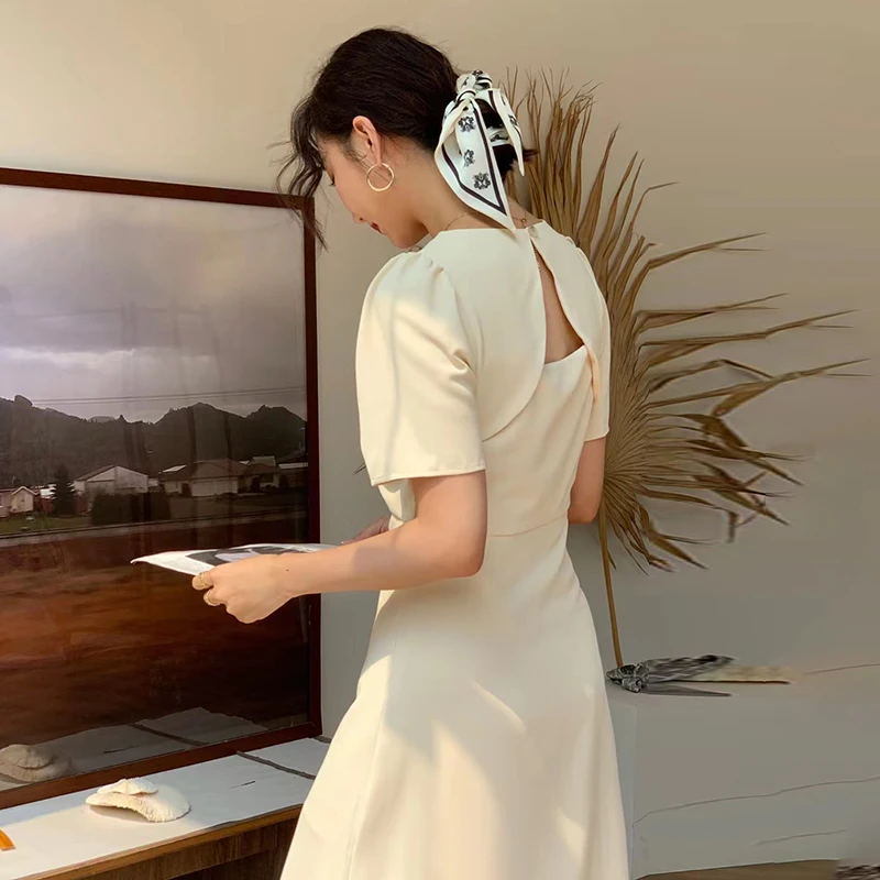 

GALCAUR White Elegant Dress For Women Square Collar Puff Short Sleeve High Waist Solid Mid Dresses Females Summer 2021 New Style