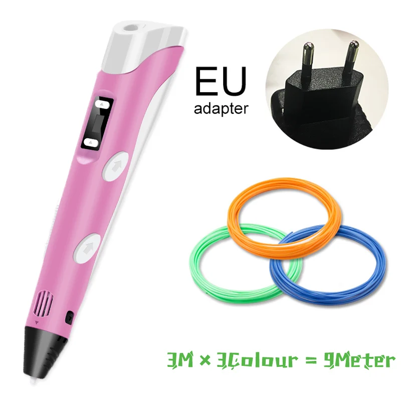 PINK 3m3color EU 3D Ручка, три D принтера, ручка для рисования с пластиком, 100 м, PLA/ABS нити, для творчества, подарок на день рождения, Оригинальные рождественские подарки - Цвет: PINK 3m3color EU