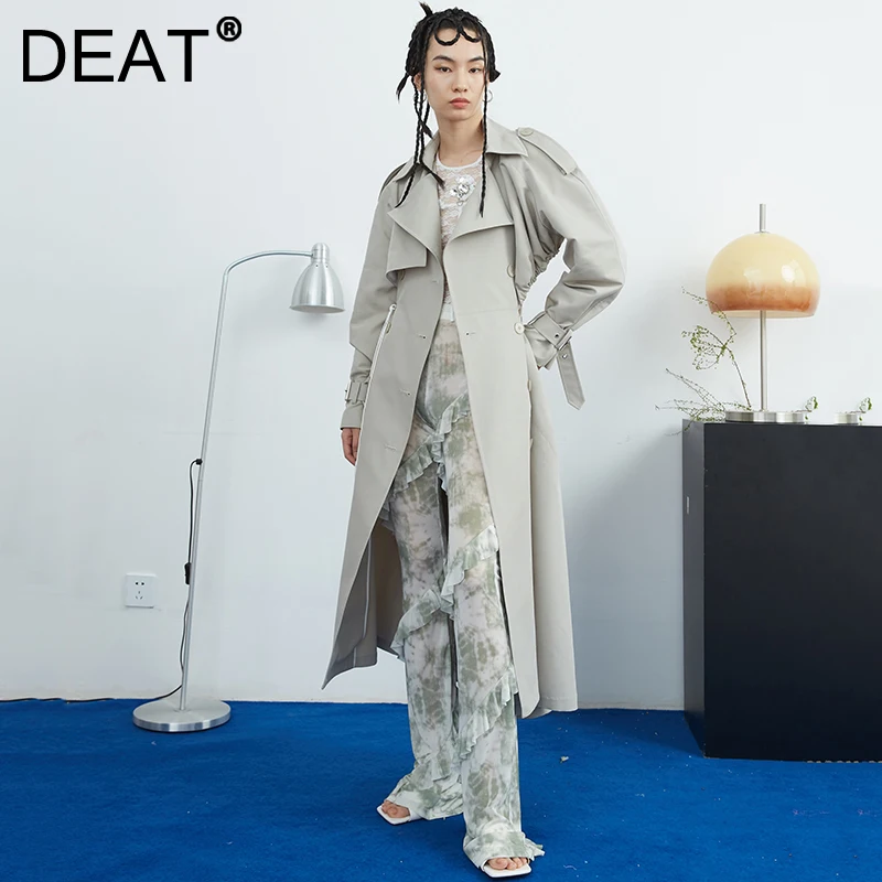 

DEAT 2021 New Spring Autumn Fashion Casual Hollow Out Drawstring Temperament Waist Asymmetric Long Windbreaker Women Coat SL623