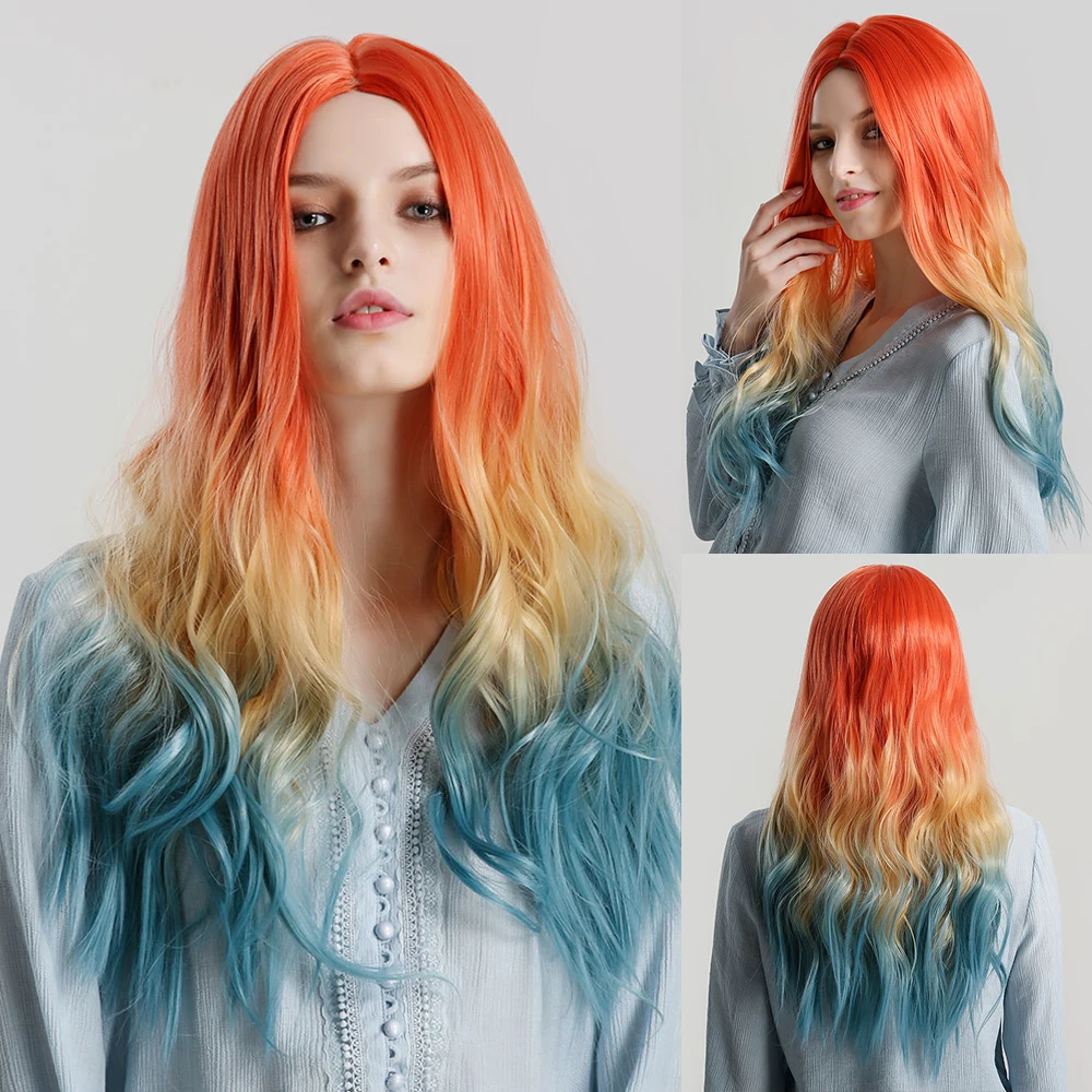 

La Sylphide Cosplay Party Wig Long Loose Wavy Root Orange Ombre Yellow Deep Blue Hair Middle Part Synthetic Wigs for Women