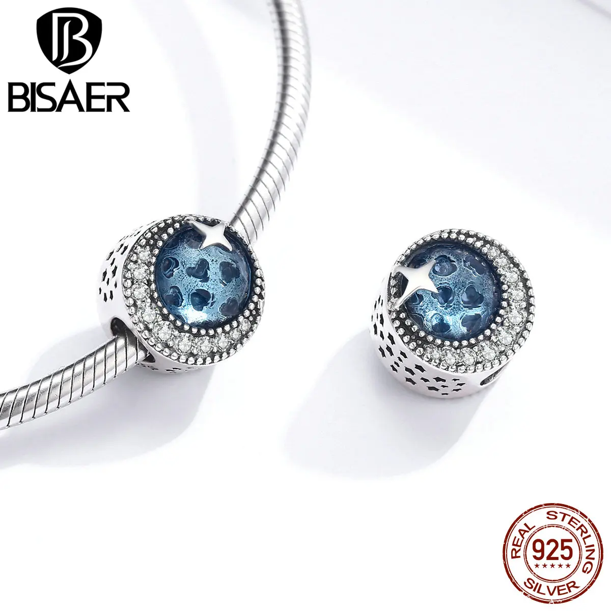 Синий бисер бисаер 925 пробы серебряный полумесяц Луна и звезда очарование