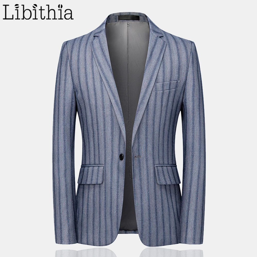 

Men's Casual Blazer Jackets One Button Blazers Slim Fit Striped Pattern Light Blue Big Size M-6XL Clothes Male R074