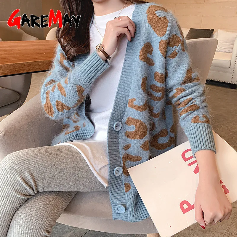 

2021 Autumn Winter Knitted Leopard Sweaters Women Korean V Neck Thick Print Cardigan Coat Loose Button Outwear Tops