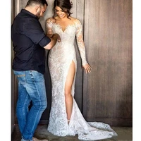 sexy illusion appliques lace mermaid wedding dresses long sleeve scoop detachable train bride dress custom vestido de noive