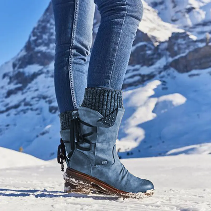 

Winter Warm Snow Boots Casual Lace Up Patchwork Knitting Women Mid Calf Boots Vintage Leather Ladies Flat Platform Shoes Booties
