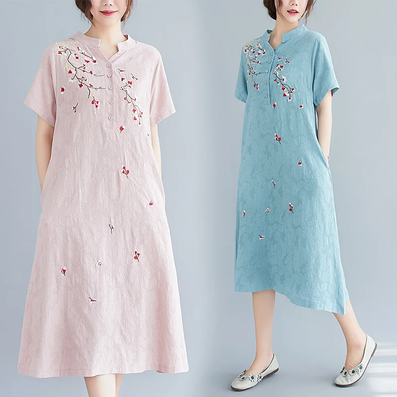 

Vintage Embroidery Women Dresses 2021 Summer Short-Sleeved Straight Knee-Length Lady Elegant Dresses Top Quality