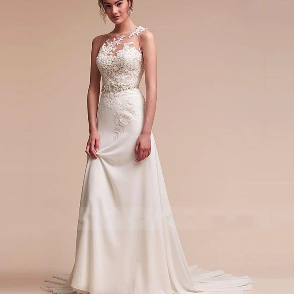 

O Neckline Sheath/Column Wedding Dress With Beaded Lace Appliques Beading Sash Long Bridal Dress Chiffon Vestido De Noiva