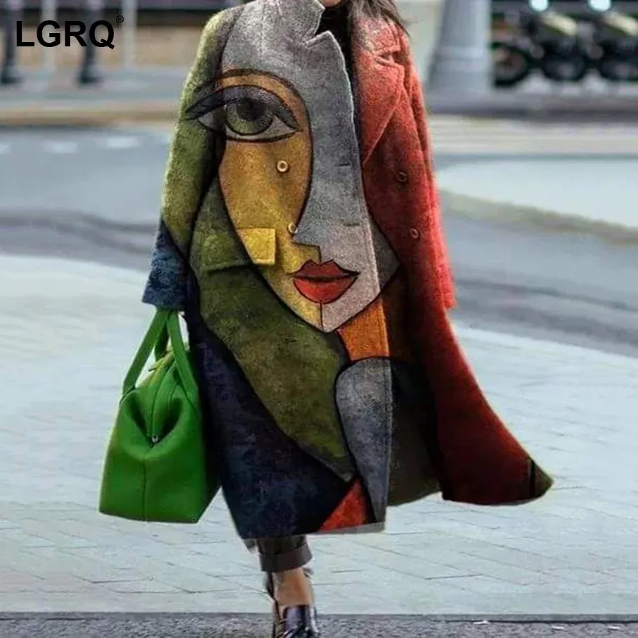 

[LGRQ] Loose Woolen Coat Parkas New Long Sleeve Women's Printed Double Breasted Street Style Fashion Autumn Winter 2021 19D5305