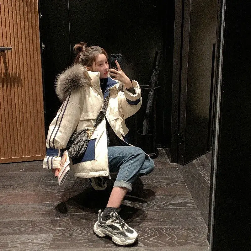 

2021 autumn winter new Parkas for women Korean loose contrast color thick padded coat female big fur collar cargo thicken jacket
