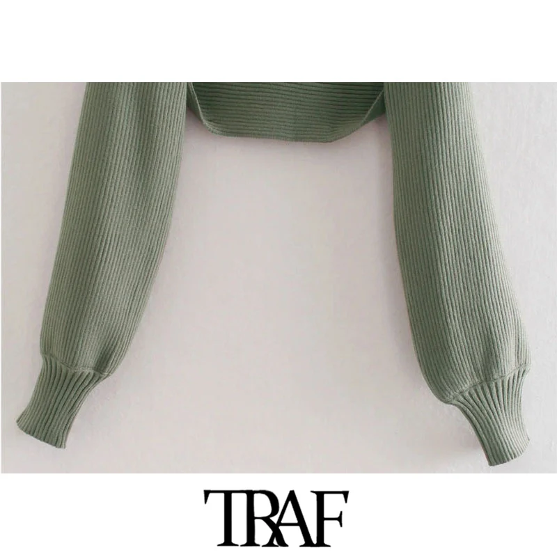 Женский укороченный вязаный кардиган TRAF винтажный Укороченный с длинным рукавом