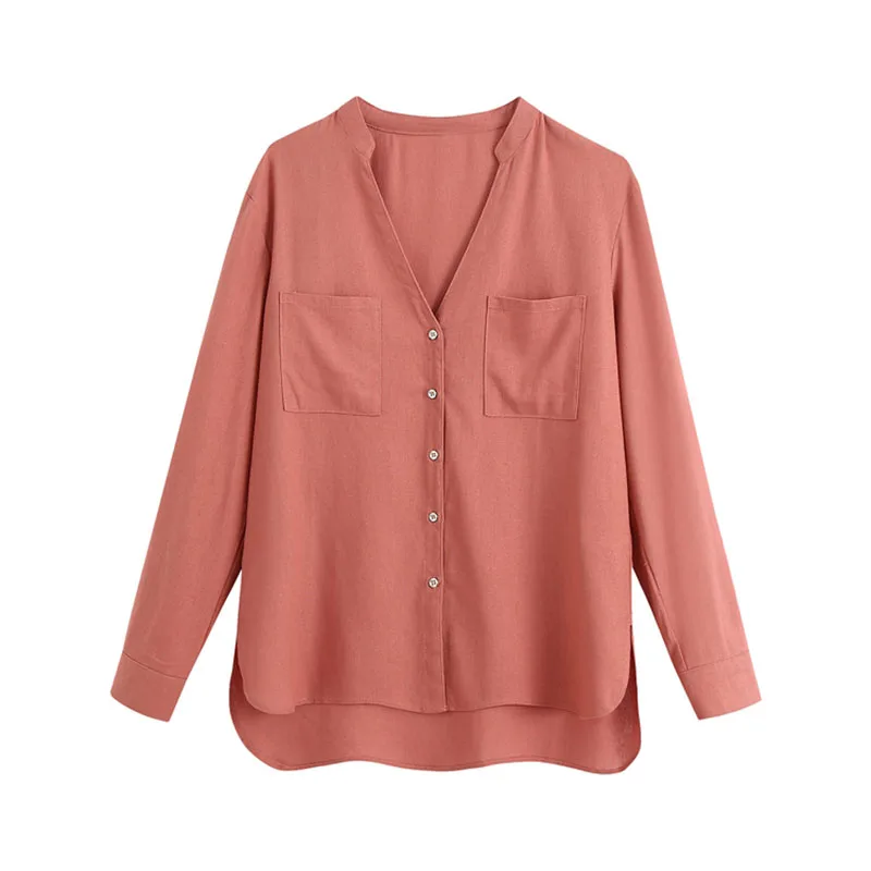 

OLOMM European Beauty Shirt New Solid Color Versatile Pocket Loose Shirt Tops Spring 2021