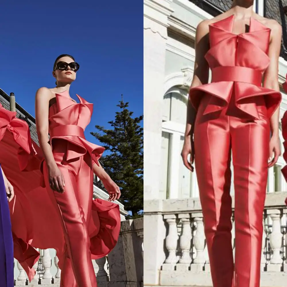 2020 комбинезоны Выпускные платья без бретелек Пеплум с оборками Формальные