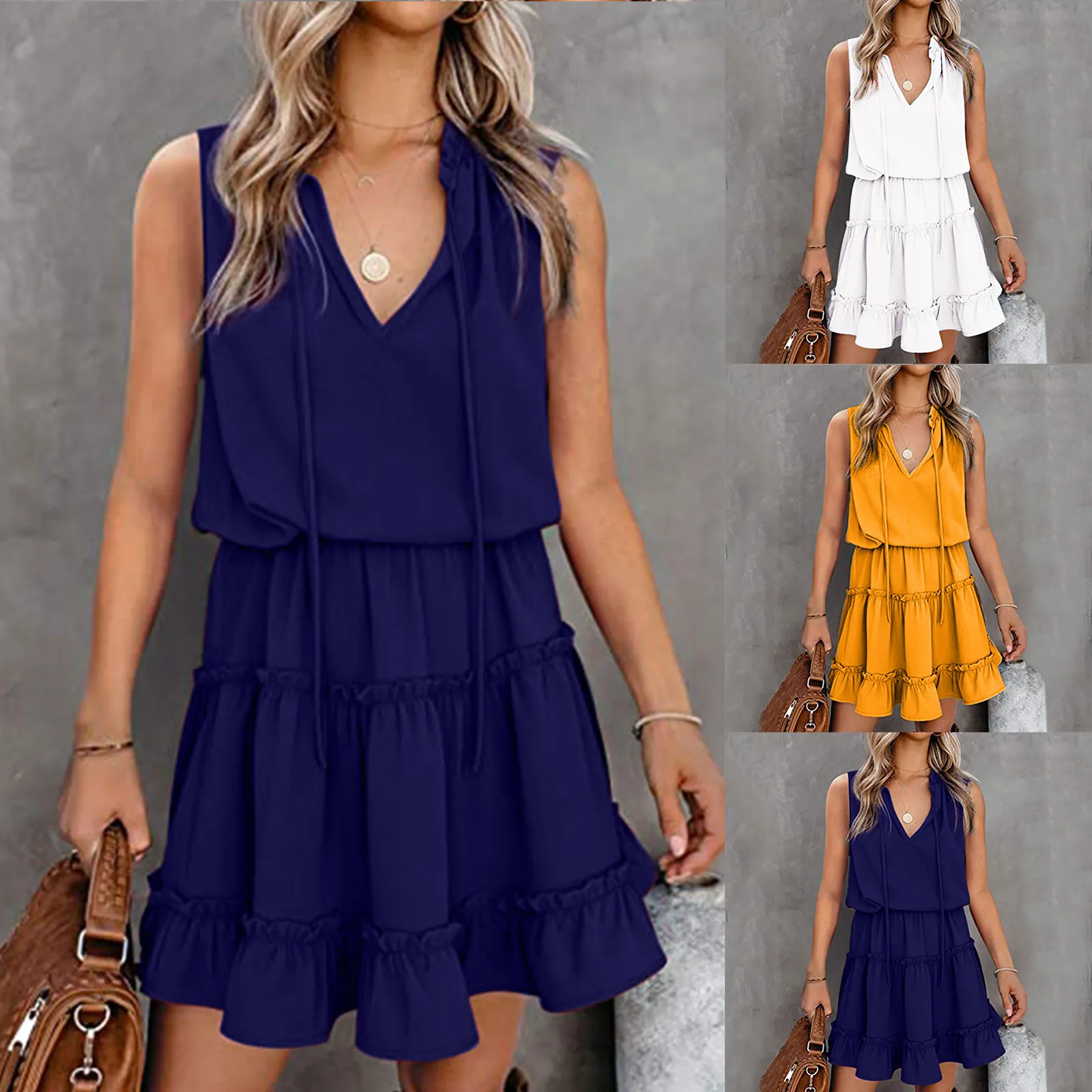 

Women's Summer V-neck Fashion Sleeveless Pleated Mini Skirt Dress vestido de mujer summer dress платья для женщин