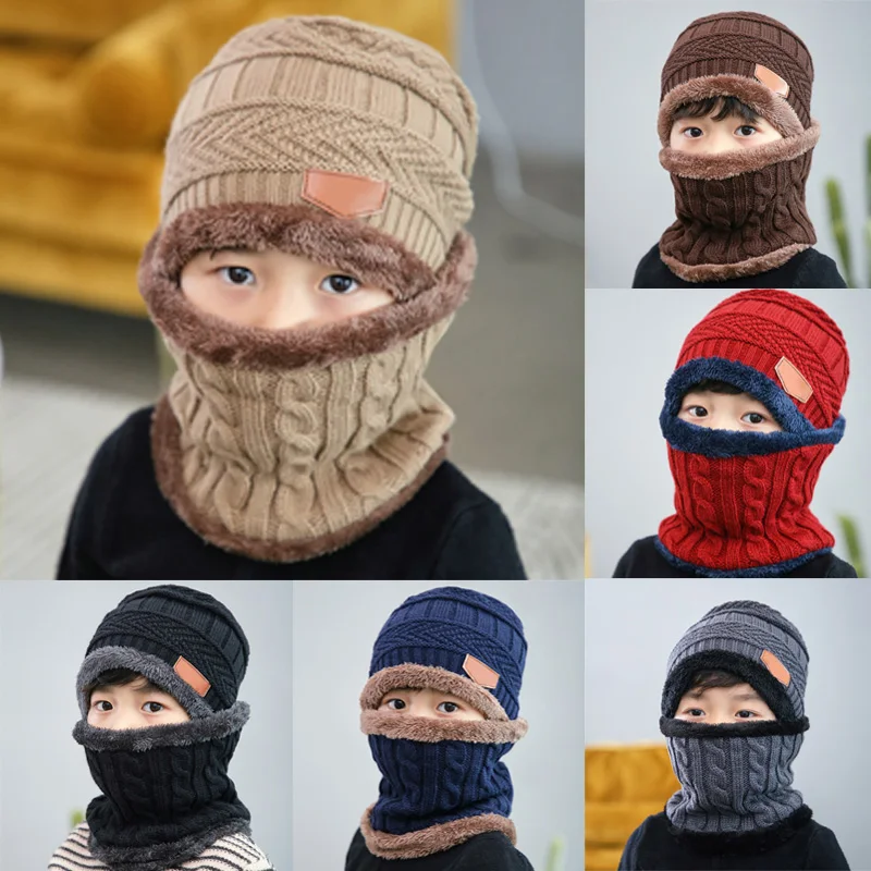 New 2Pcs Kids Winter Warm Knitted Hat with Scarf Set Skullies Beanies for 3-14 Years Old Boy's Children Outdoor Sport Set Hot