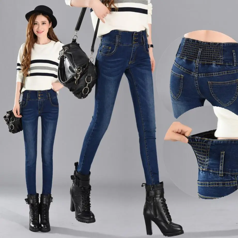 Женские эластичные джинсы утепленные вельветовые с высокой талией узкие на