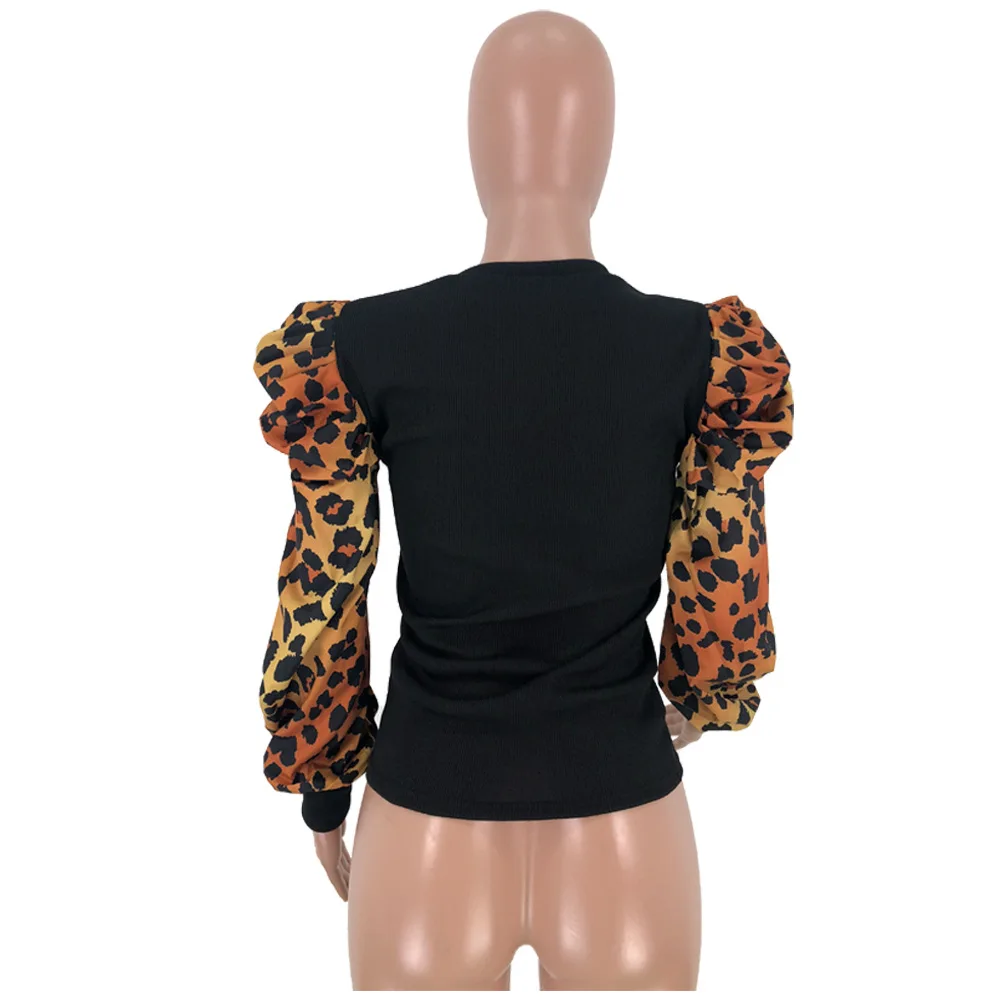 Casual Leopard Print Sweater Puff Sleeve Top Knitted Femme Autumn And Winter For Women Office Lady Black Burgundy Blue | Женская одежда