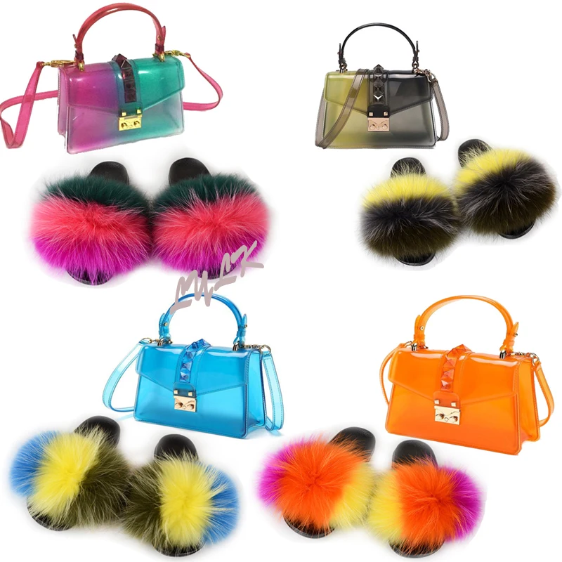 

New Women Fox Fur Slippers Ladies Fluffy Slides Plush Flip Flops Chain Rivet Messenger Bag Set Female PVC Jelly Small Square Bag