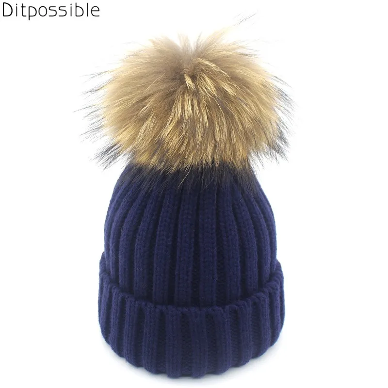 Трикотажные Зимние шапки для женщин шапка из натурального меха с помпоном
