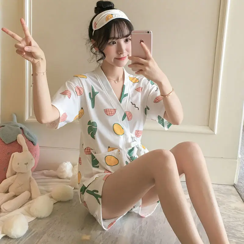 

Pajama Sets Women Printed Pocket V-neck Sleepwear Loose Korean Style Drawstring Home-wear Sweet Girls Casual Popular Comfortable