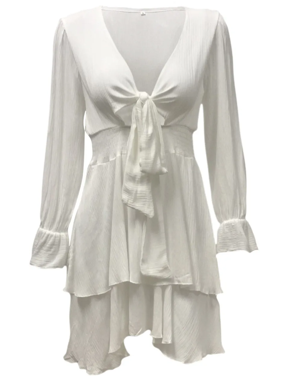 

Sweet Deep V Neck Bow Bandage White Dress Women Elegant Thin Long Sleeve Autumn Midi Dresses Vestidos Sundress Female Clothing