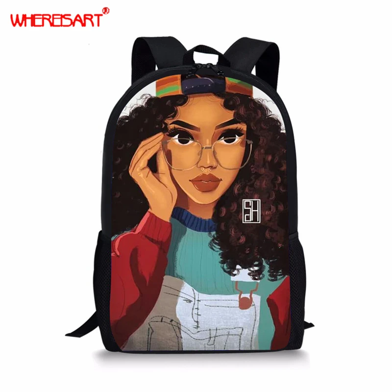 

WHEREISART African Girl Black Art Schoolbag Backpack For Teenager Girls Orthopedic Schoolbag Children Sweet Book Bag Wholesale