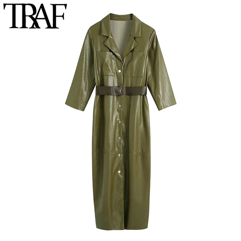 

TRAF Women Fashion With Belt Faux Leather Midi Shirt Dress Vintage Three Quarter Sleeve Snap-button Female Dresses Mujer