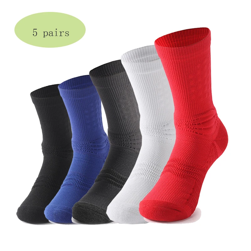 

5 pairs Professional Basketball Socks Men Sportswear Towel Bottom Sports Sock Solid Color Black White Grey Man Athletic Socks