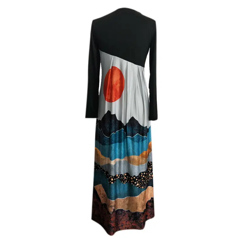 

Womens Winter Vintage Printed Kaftan Loose Swing Long Sleeve Jumper Maxi Dress
