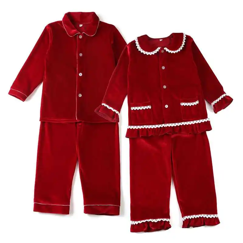 

Toddler Button Down Red Velvet Fabric Lace Boutique Christmas Pajamas Girl Sets Luxury Nighties Pyjamas