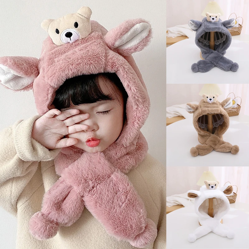 

2 In 1 Winter Cute Hat Scarf Children Wram Plush Thickened Ear Protection Hat Baby Girl Boys Cartoon Bear Cap Kid Accessories