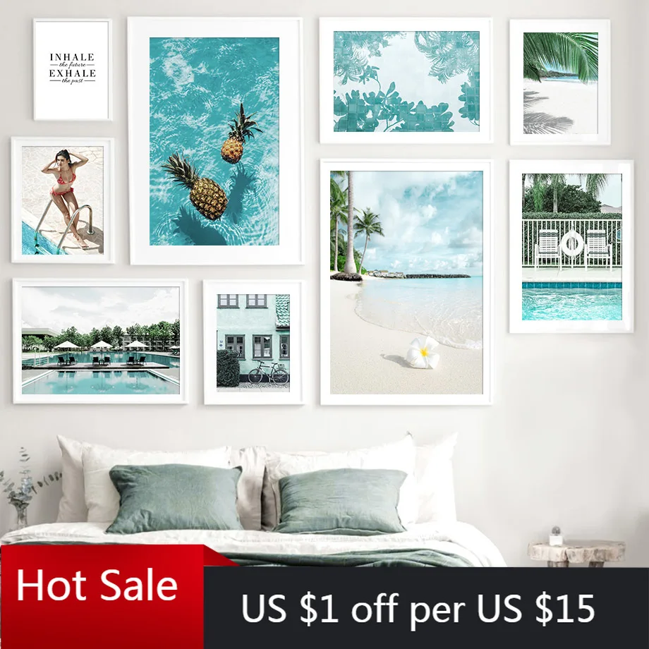 Морской пляж ананас девушка плавательный бассейн скандинавские принты