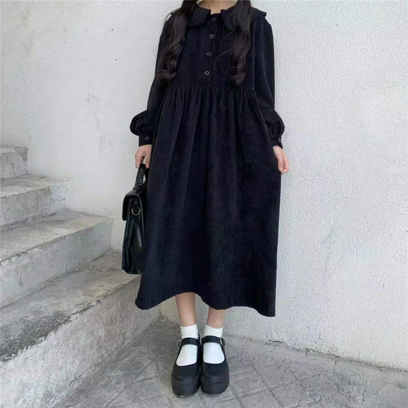

Japanese Harajuku Fall Winter Women Black Dress Peter Pan Collar Loose Corduroy Dress Cute Kawaii Lantern Sleeve Mori Girl Dress