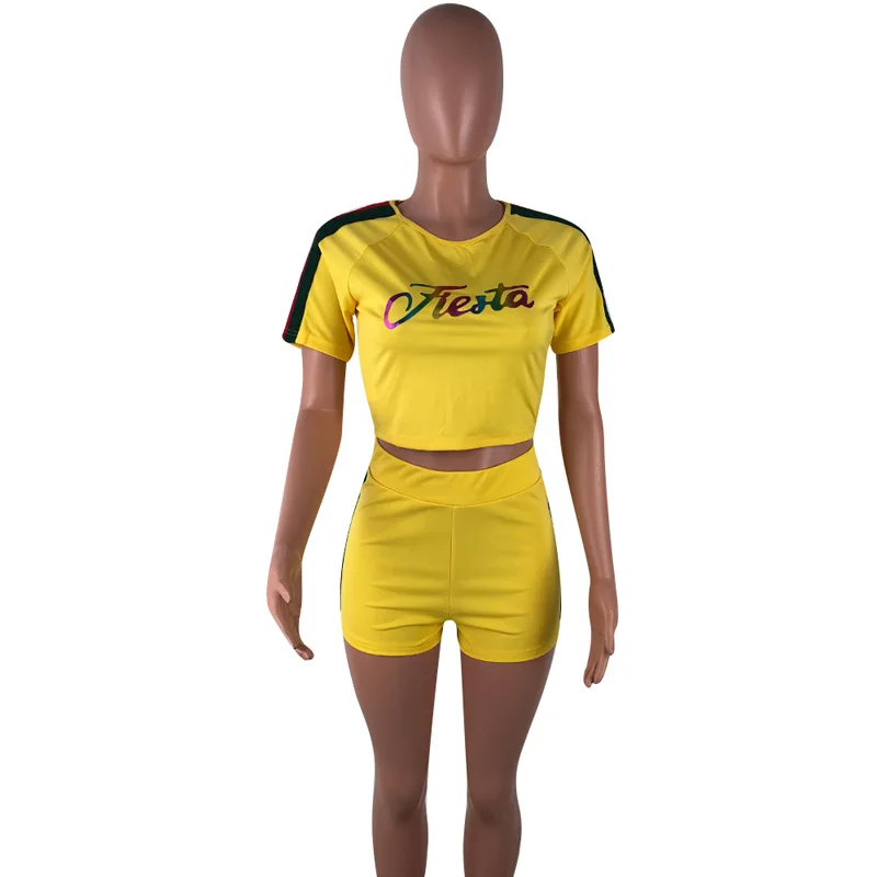 

LM9058 Foreign Trade Hot Sale Women's Sexy Webbing Stitching Letter Short Sleeve Shorts Sports And Leisure Two-Piece Suit