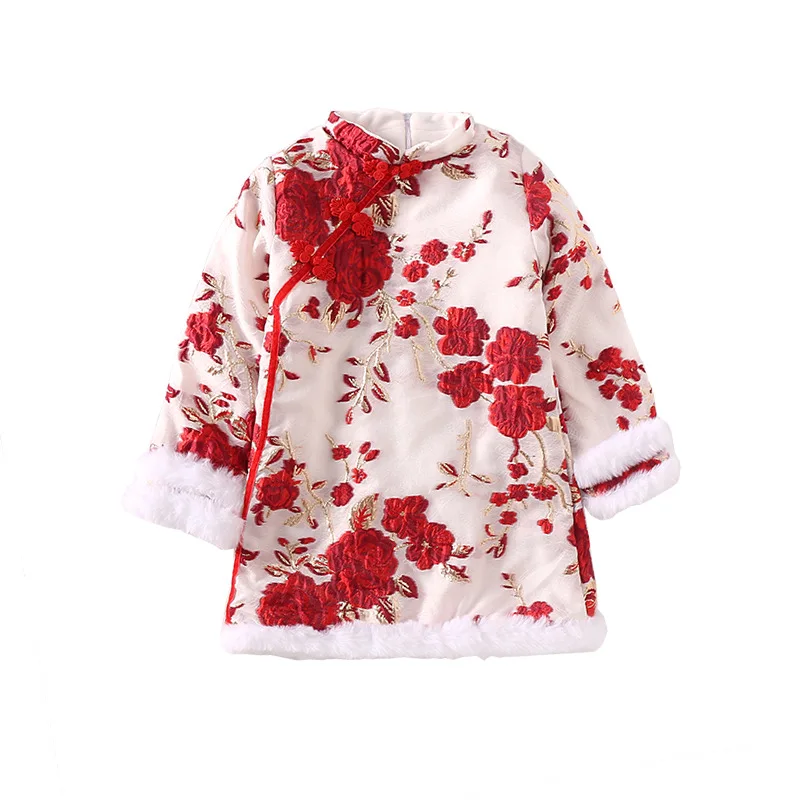 Детское пальто Cheongsam в китайском стиле с пионами; костюм Tang; детское осенне-зимнее платье с длинными рукавами; плотные платья для девочек; одежда на год