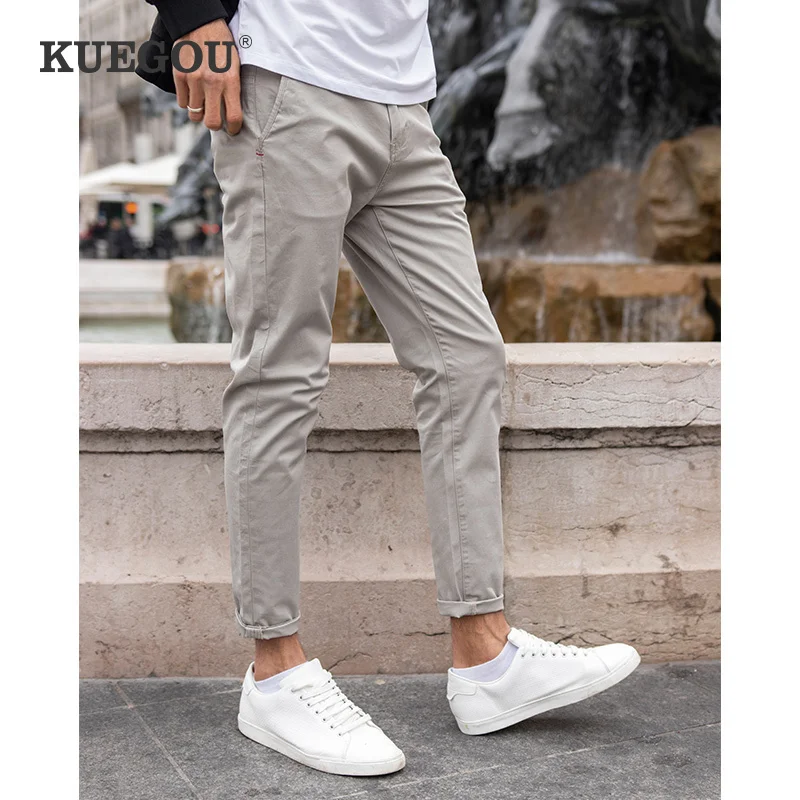 

KUEGOU 2022 Spring Solid Cotton Black Casual Pants Men Long Classic Trousers Male Wear Vintage Work Brand Straight Clothing 3002