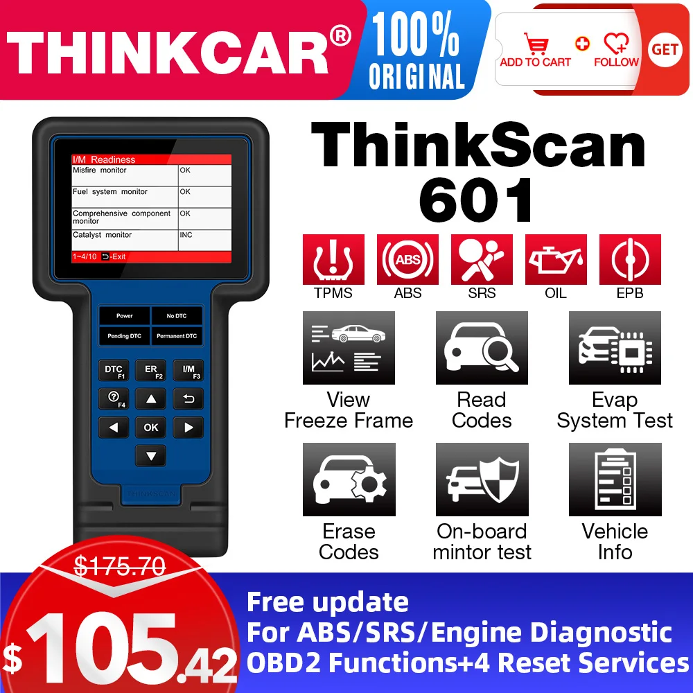Сканер для считывания кодов Thinkcar ThinkScan 601 obd2 двигателя ABS подушки безопасности SRS с